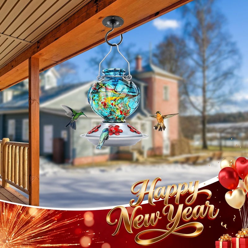 BOLITE Hummingbird Feeder, Hand Blown Glass Hummingbird Feeders for Outdoors Hanging, with Ant Moat and 5 Feeding Ports, 22 Ounces, Peony Flower Shape, Blue, Gifts for Women Men, Gifts for Mom Dad - Image 2